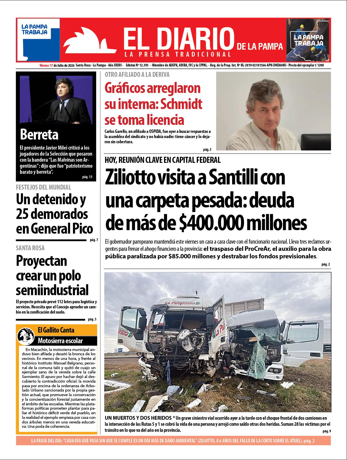 Tapa de El Diario en papel  viernes 17 de julio de 2026